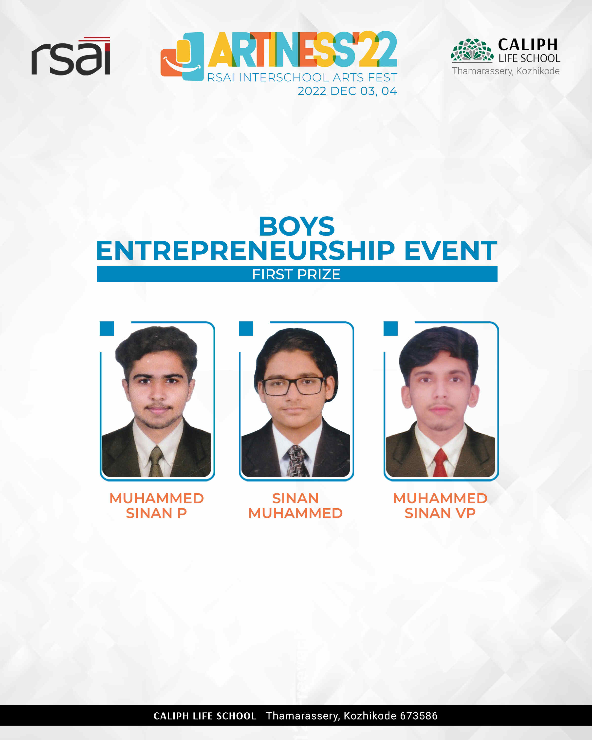 FIRST PRIZE IN ENTREPRENEURSHIP EVENT, ARTINESS 2022